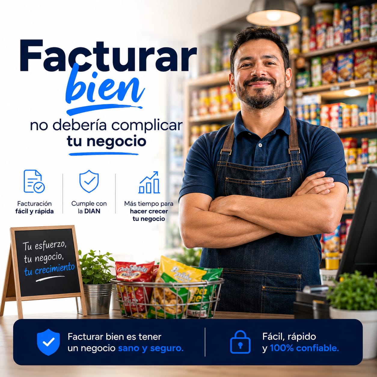 Comerciante colombiano en su negocio acompañado por COLFAC